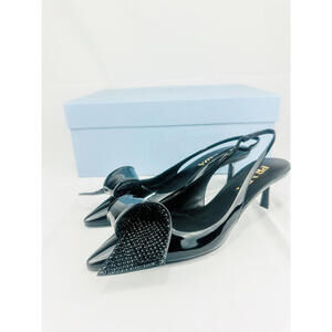 Prada Patent Leather Slingback Kitten Heels Bow Black EU 36.5